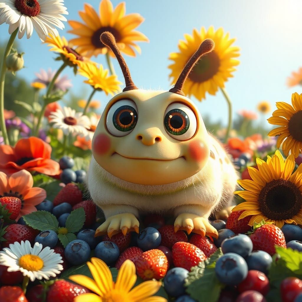 Cheerful Caterpillar in Sun-Drenched Garden: Digital Art