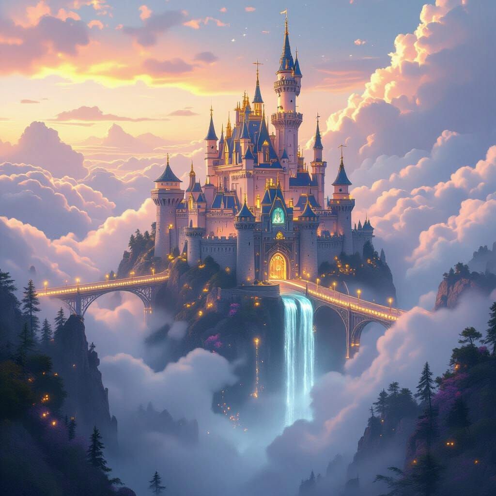 Majestic Castle in Clouds with Light Bridges