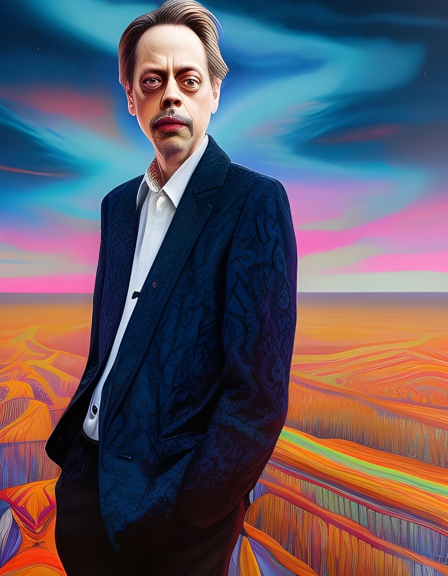 Close-up portrait of Steve Buscemi in pastel fields