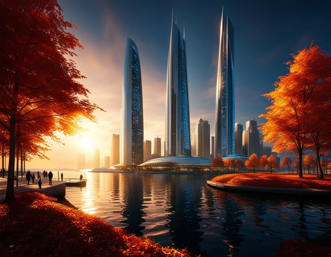 Futuristic Coastal City at Sunset