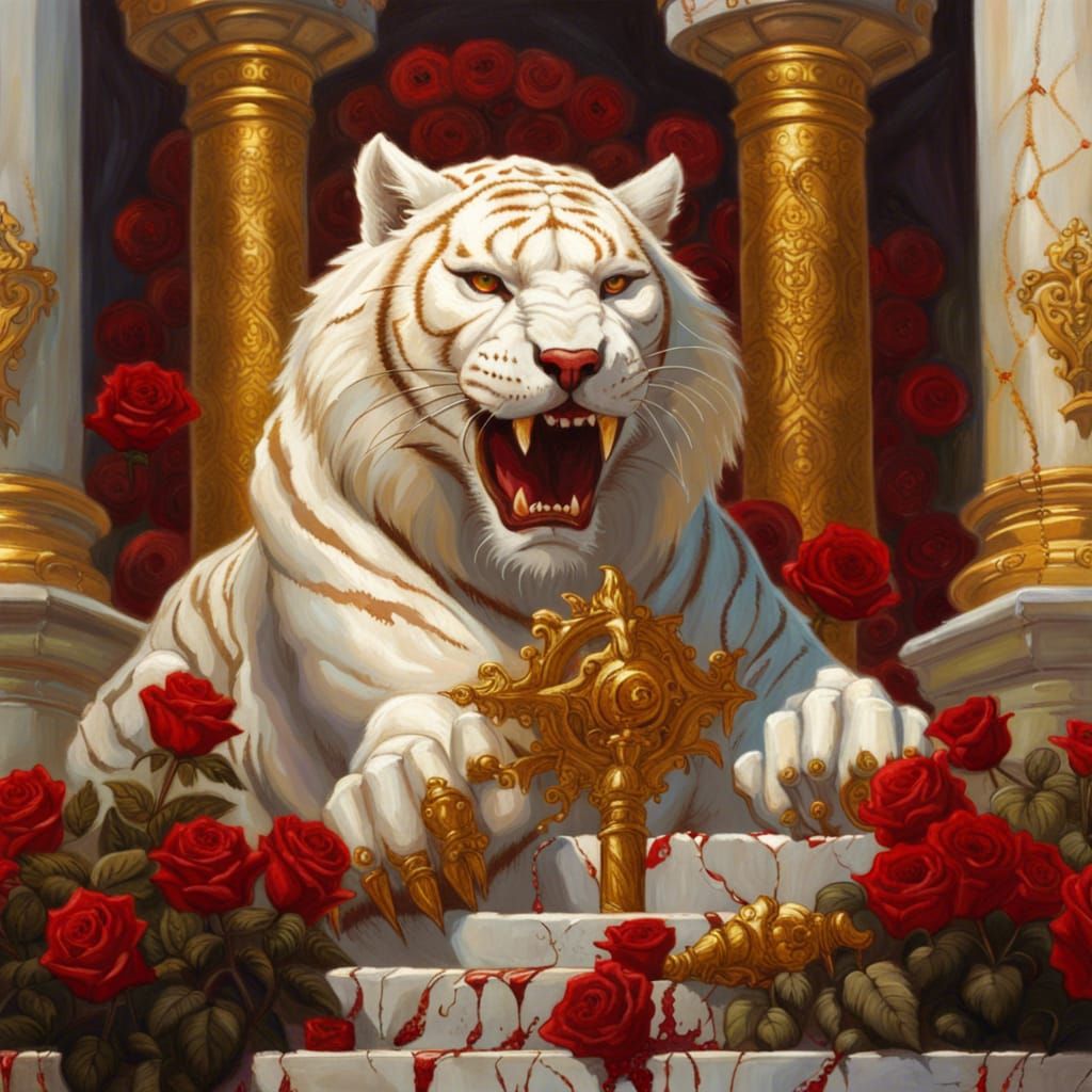 Golden Sabertooth Tiger in Gothic Rose Field