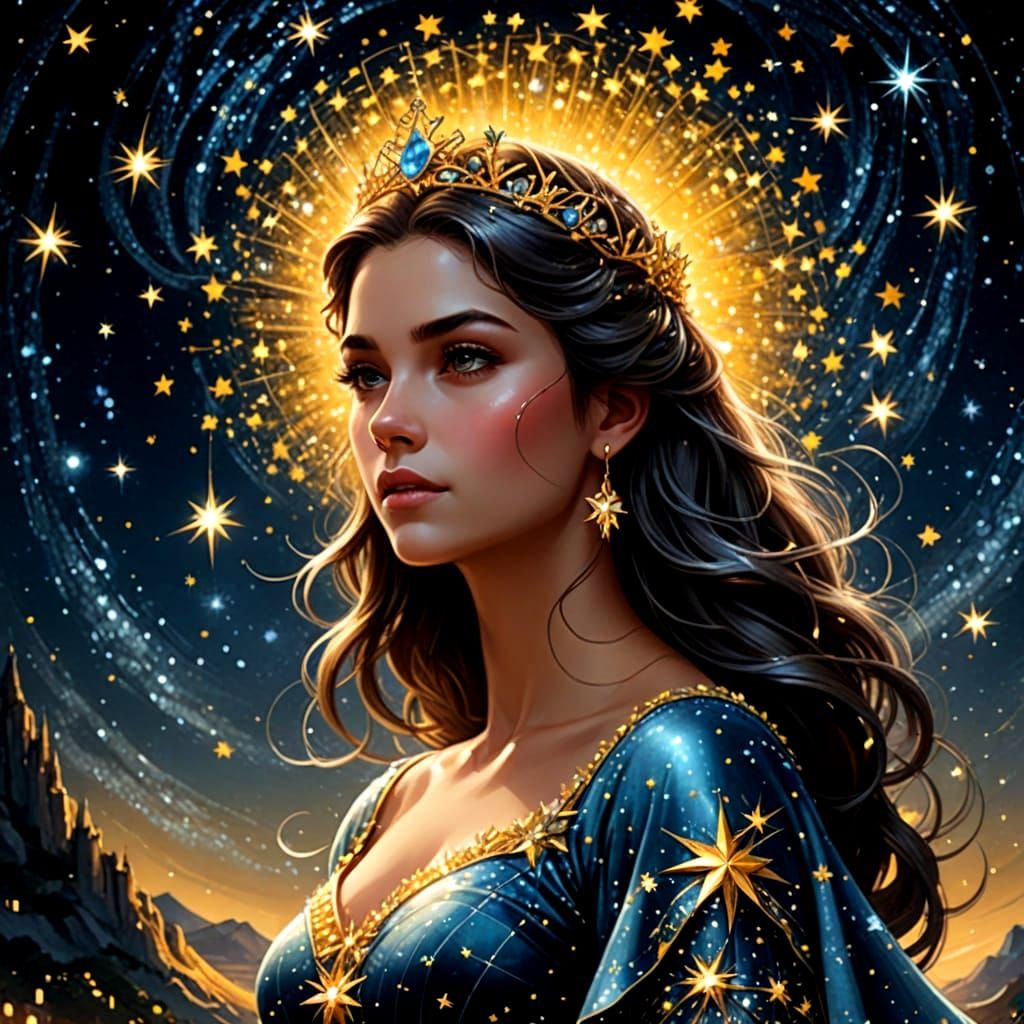 Ethereal Princess Under Yellow Moon in Cosmic Fantasy