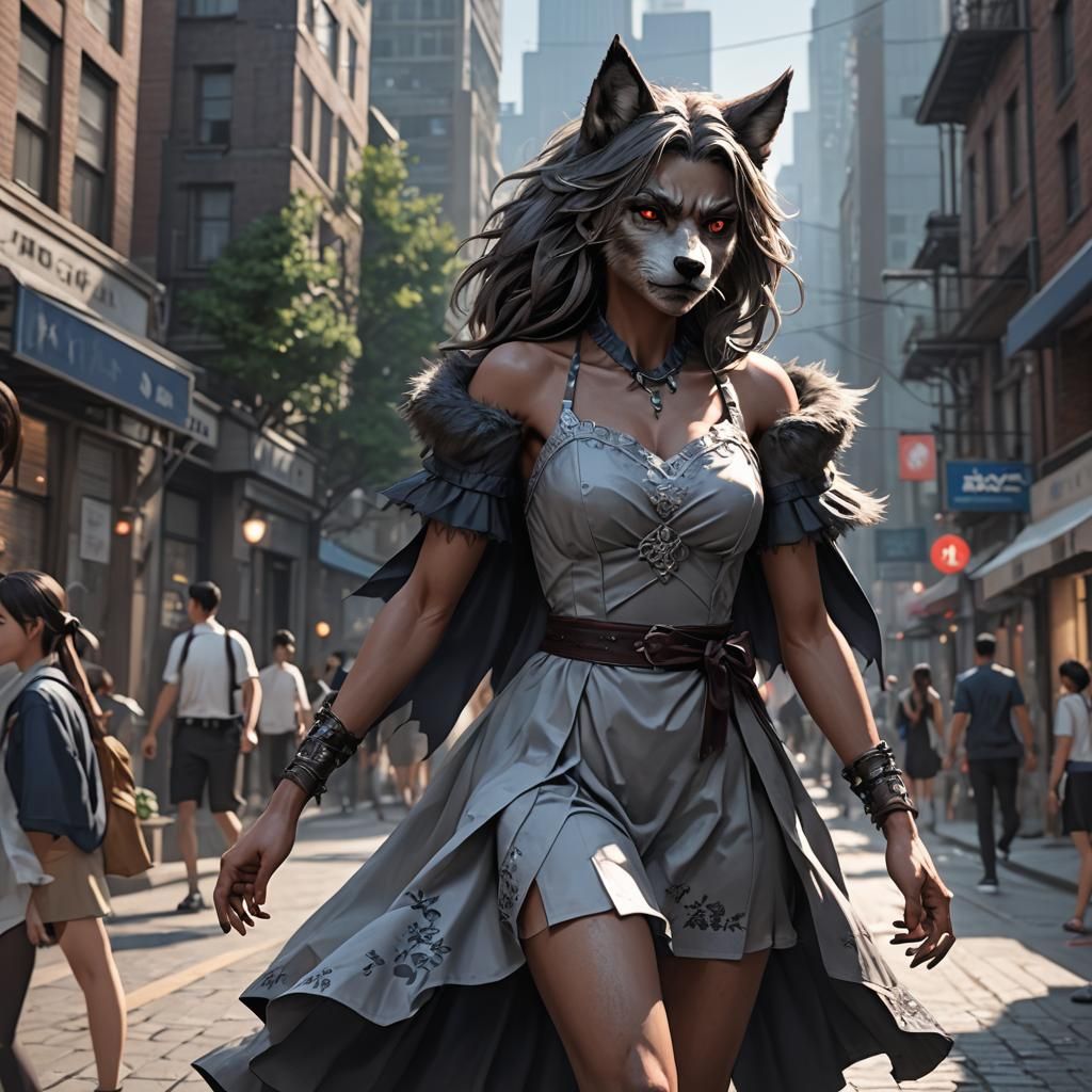 Anime Style Female Werewolf in City Dress