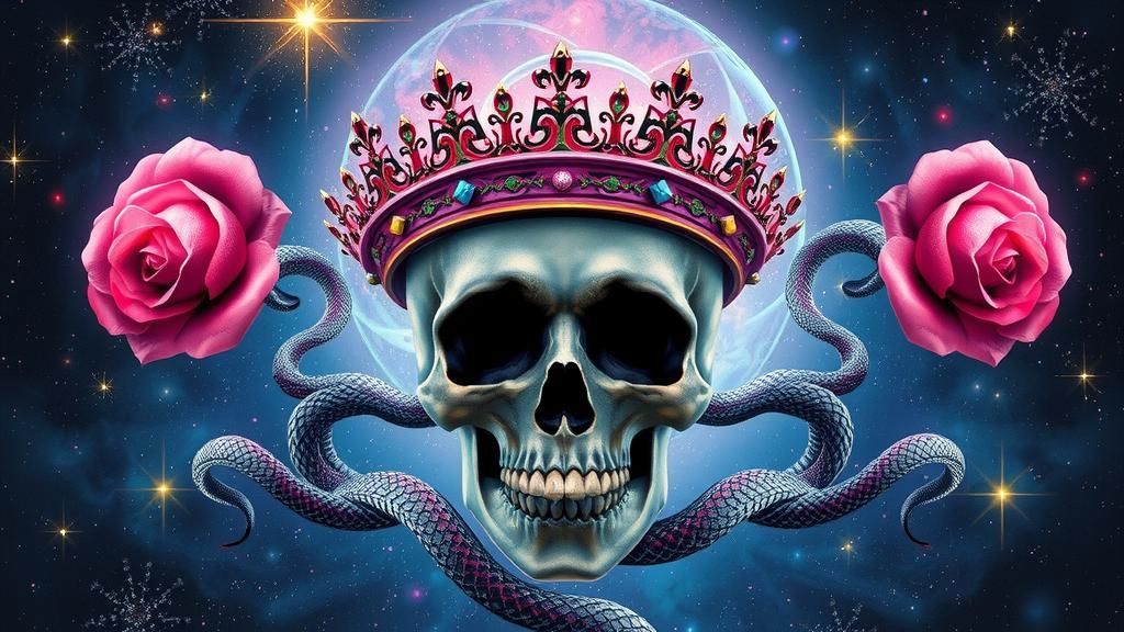 Cosmic Skull Crowned with Roses and Snakes
