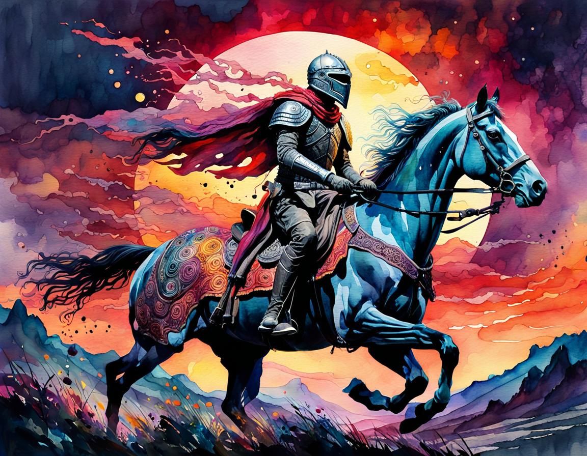 Turtle Knight Rides at Sunset: Digital Watercolor Illustrati...