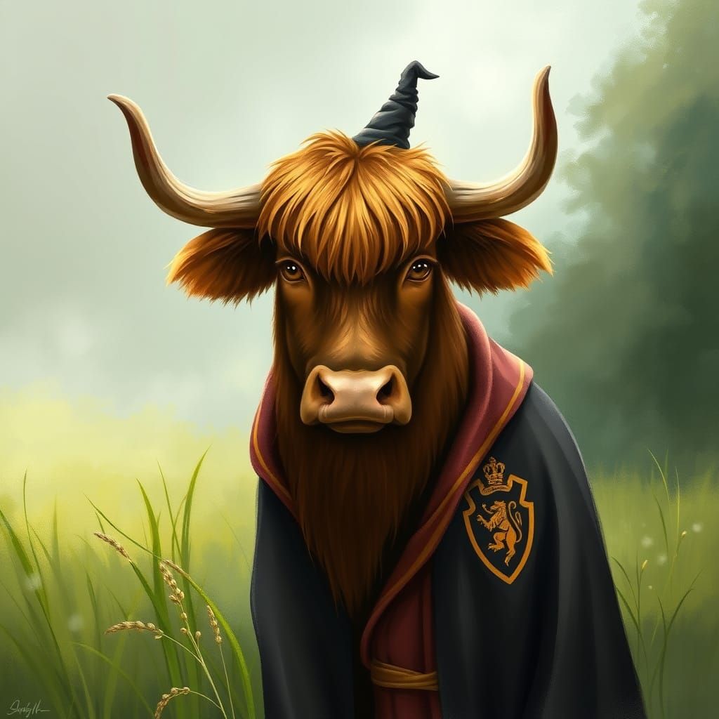 Majestic Brown Bull Enchants in Whimsical Hogwarts Attire