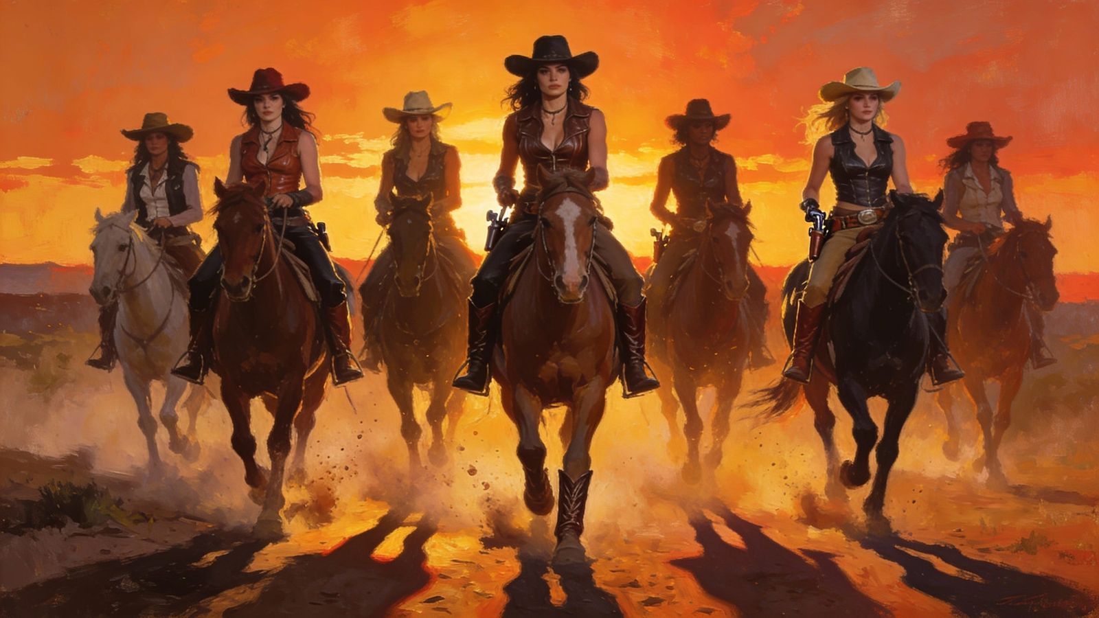 Seven Diverse Cowgirls Ride Towards Sunset