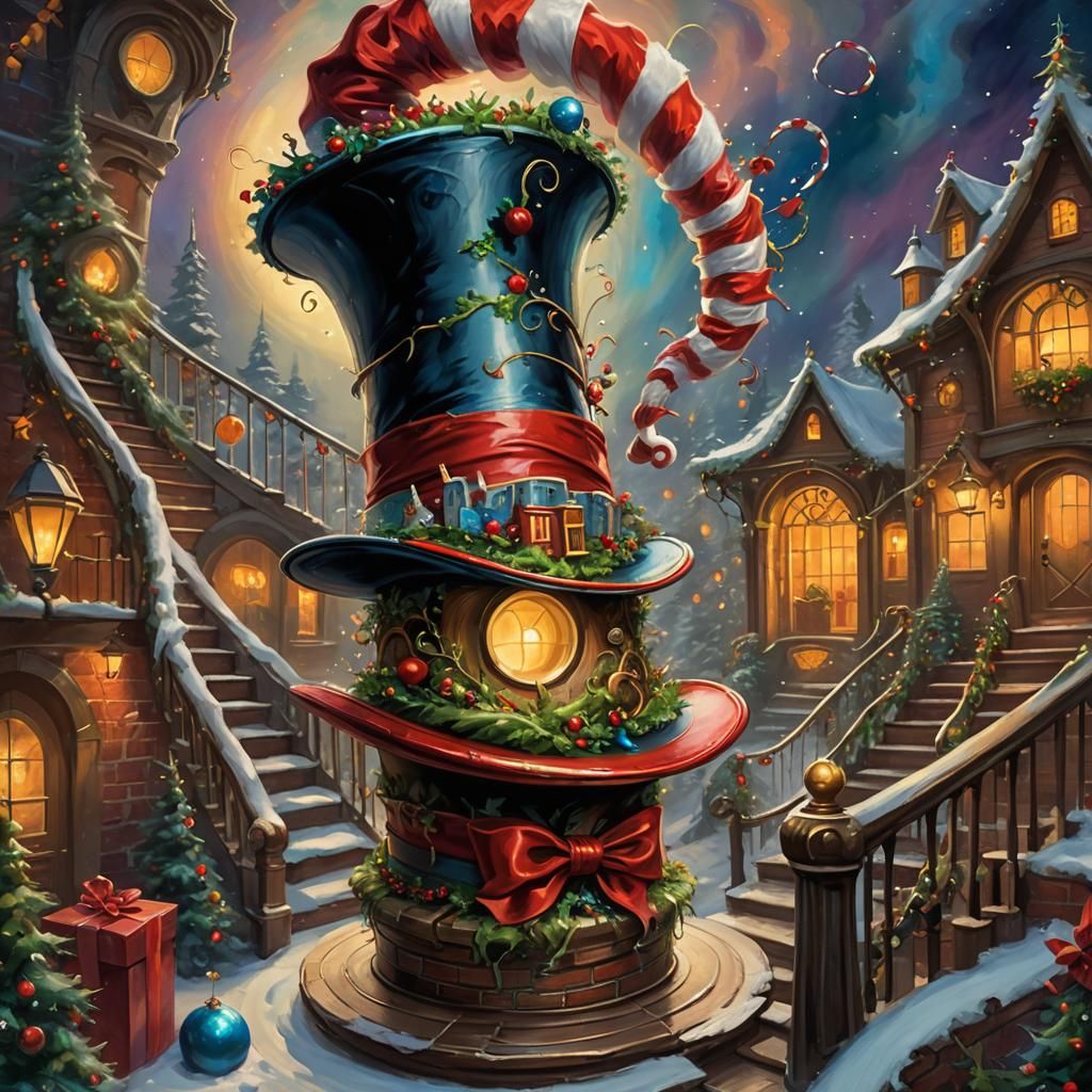 Whimsical Christmas Top Hat Portal, Digital Impasto Painting