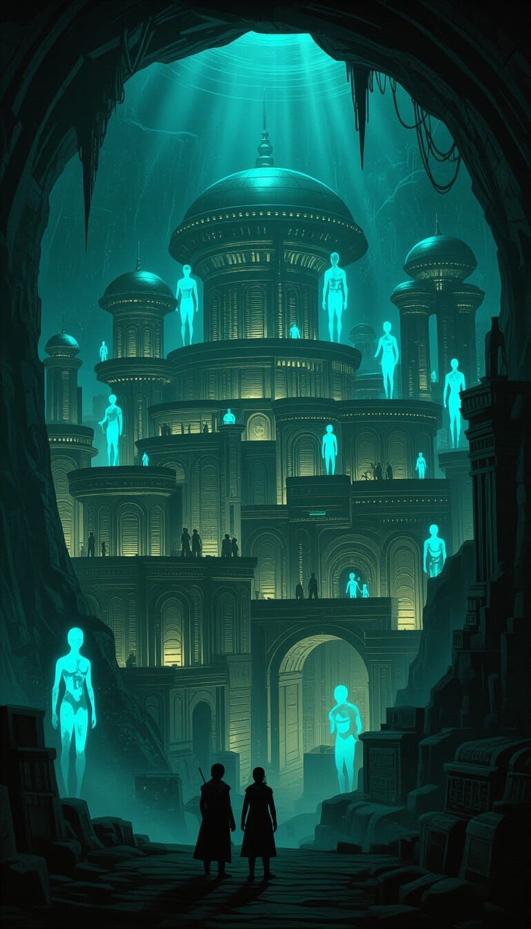 Eerie Underground City Illuminated by Bioluminescence