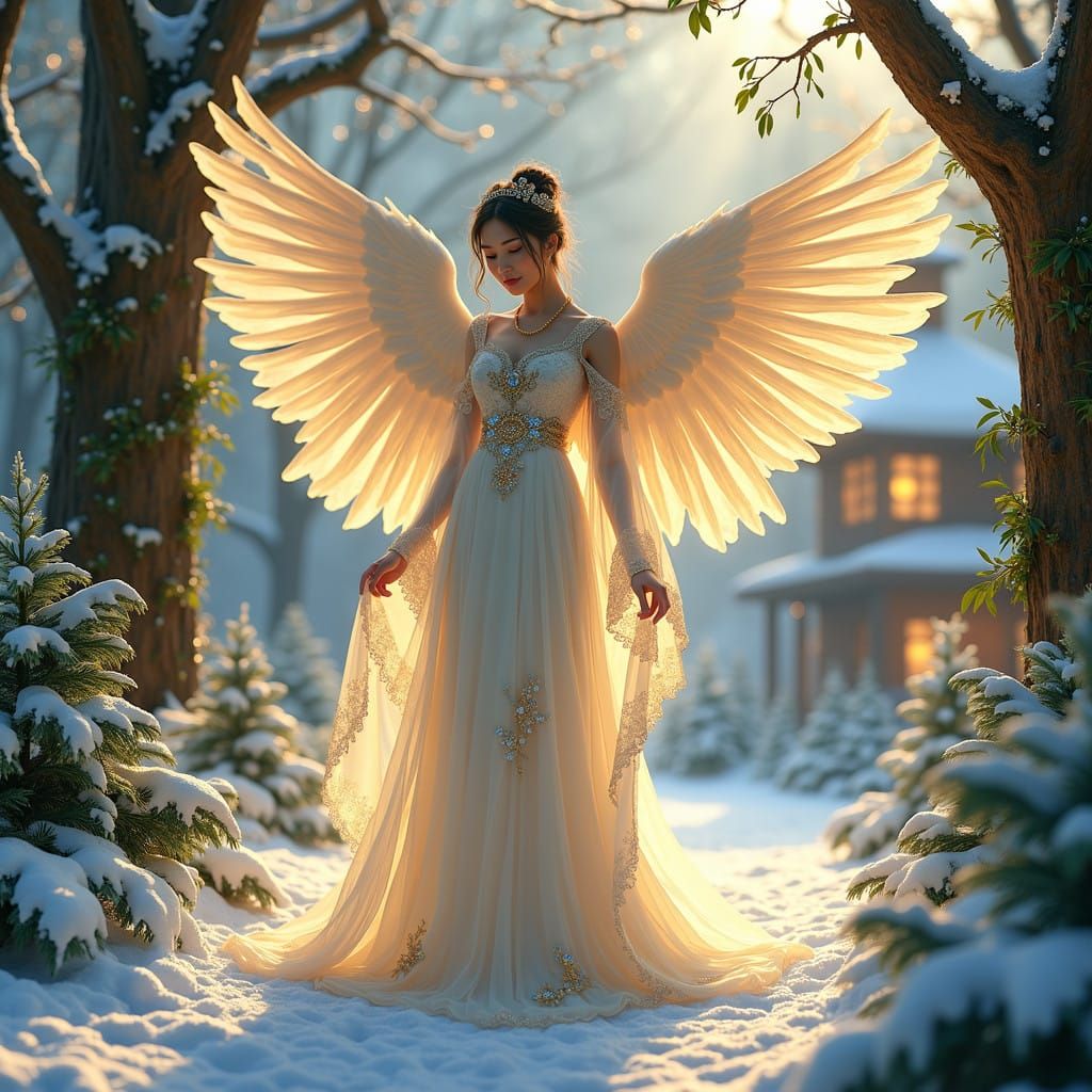 Asian Angel in Whimsical Christmas Village