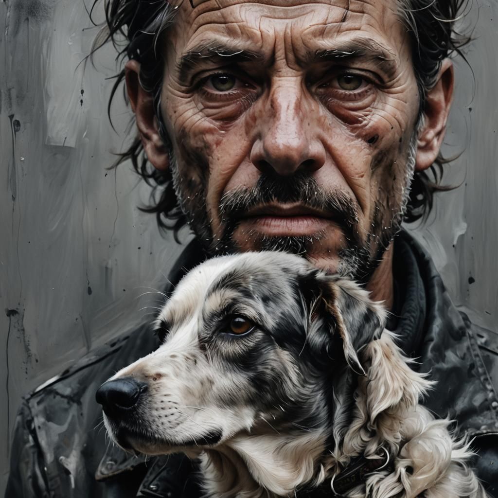 Abstract Grey Oil Painting of Man and Dog