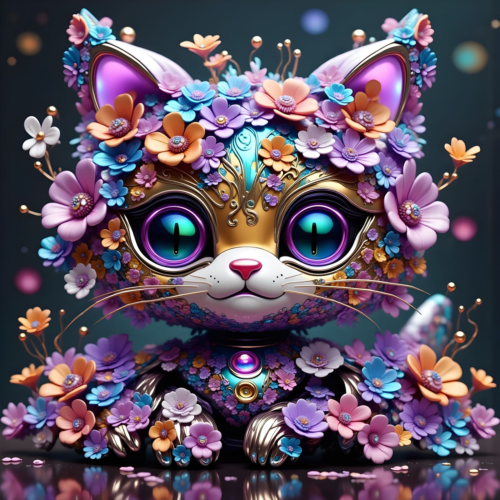 Adorable Robot Kitten Covered in Flowers