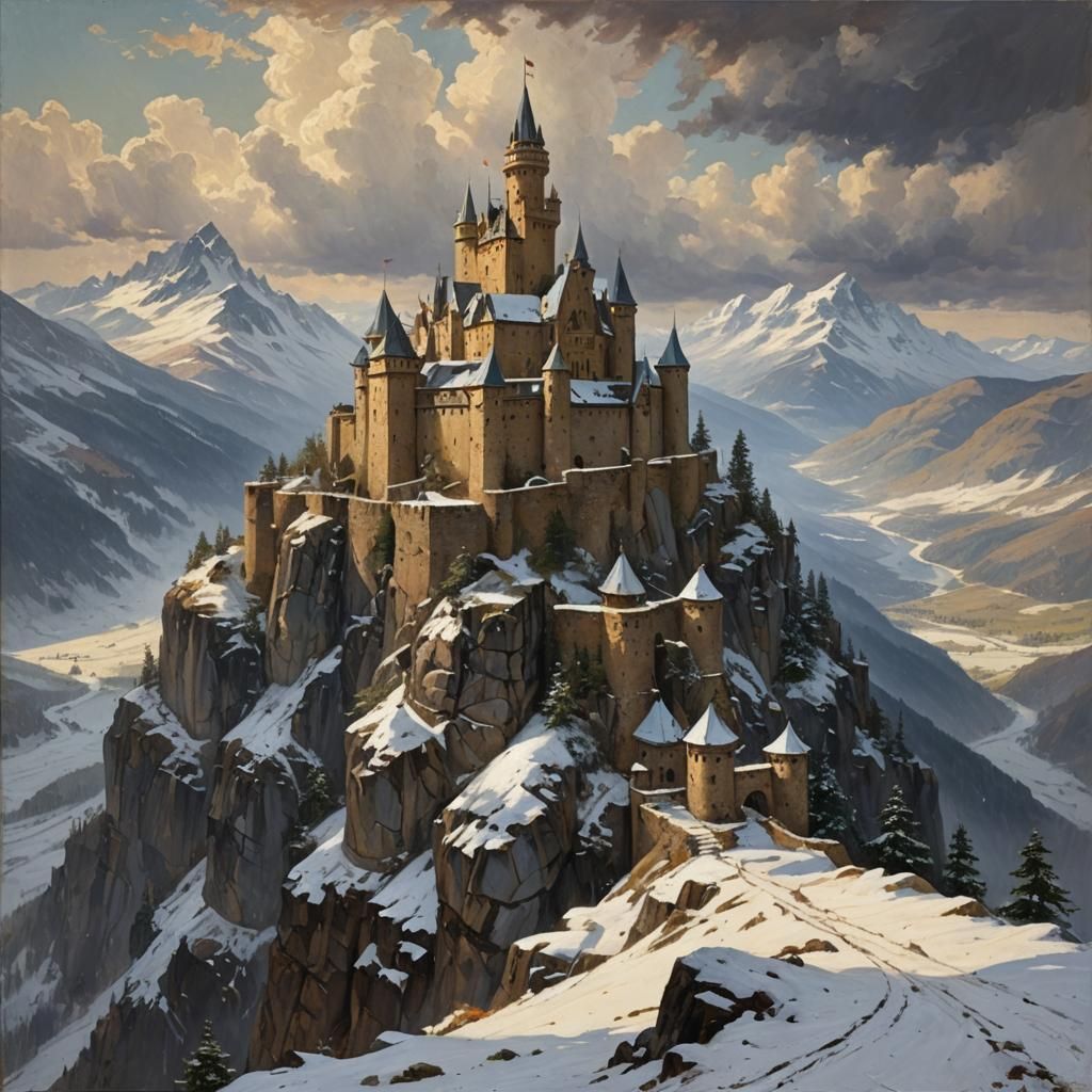 Snowy Mountain Castle: Oil Painting by Gurney