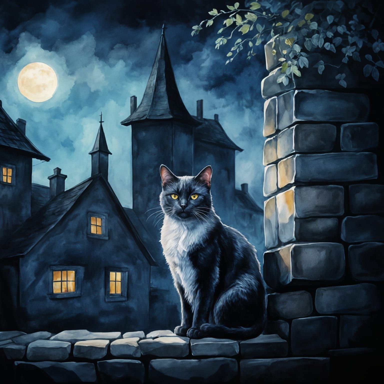 Twilight Prowl: Village Cat in Watercolor Style