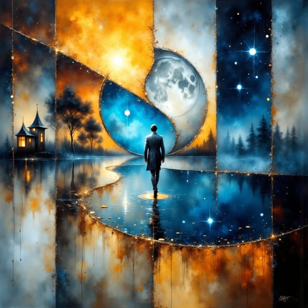 Surreal Misty Forest Portal with Moonlight and Sunrise