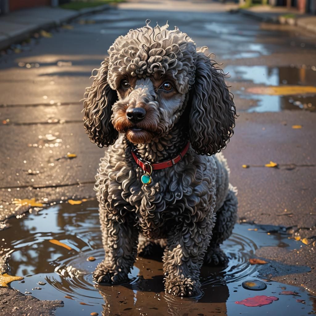 Poodle's Feline Reflection: A Hyperrealistic Concept Art
