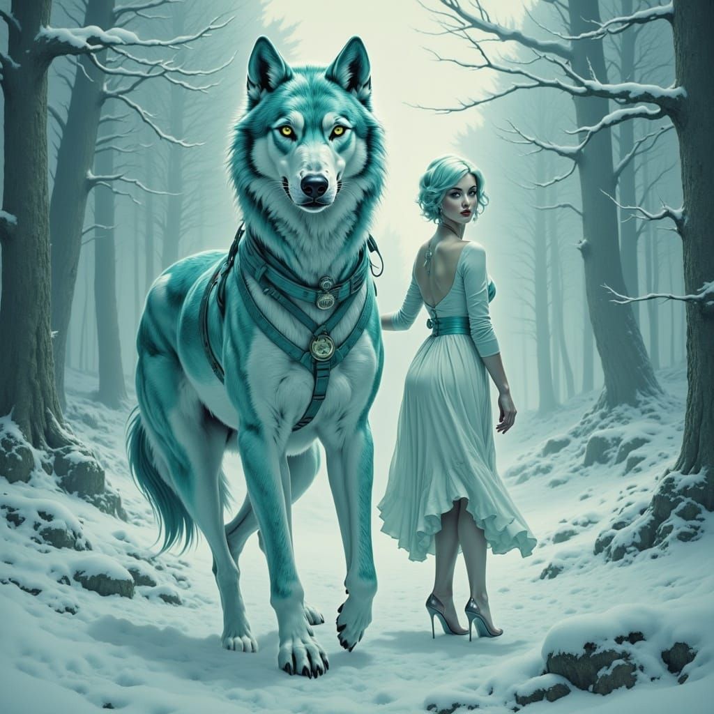 Ethereal Nordic Woman with Wolf in Mystical Realism