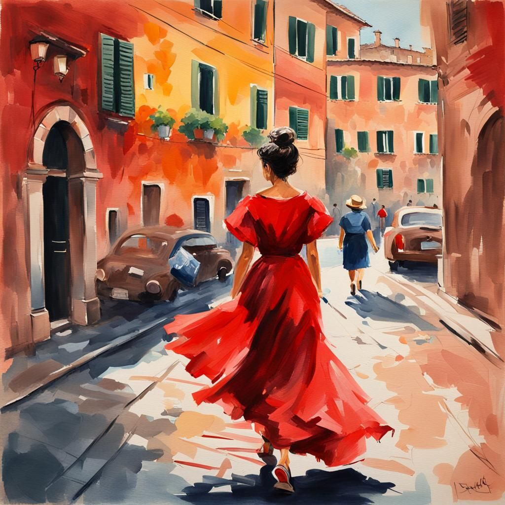 Italian Woman in Red Dress: Gouache Watercolor