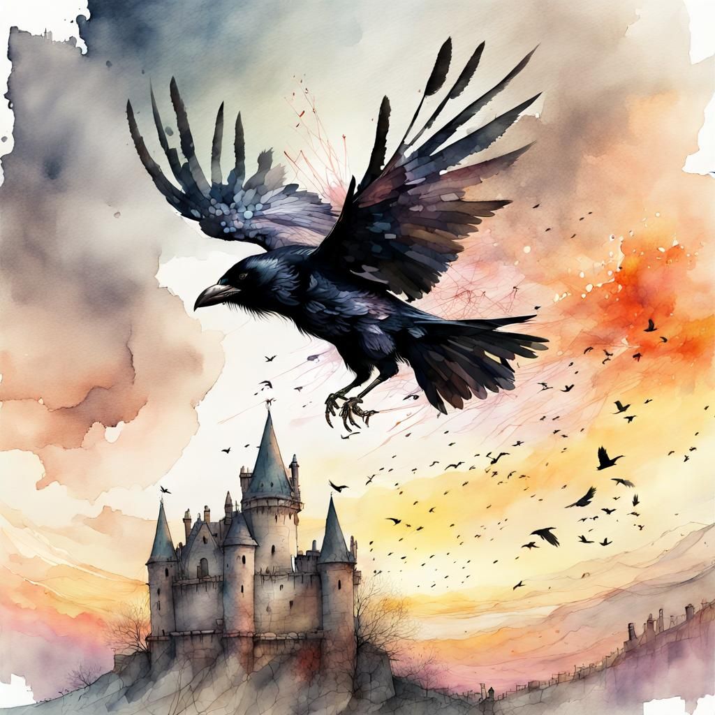 Frightening Crow Flight Over Gloomy Castle