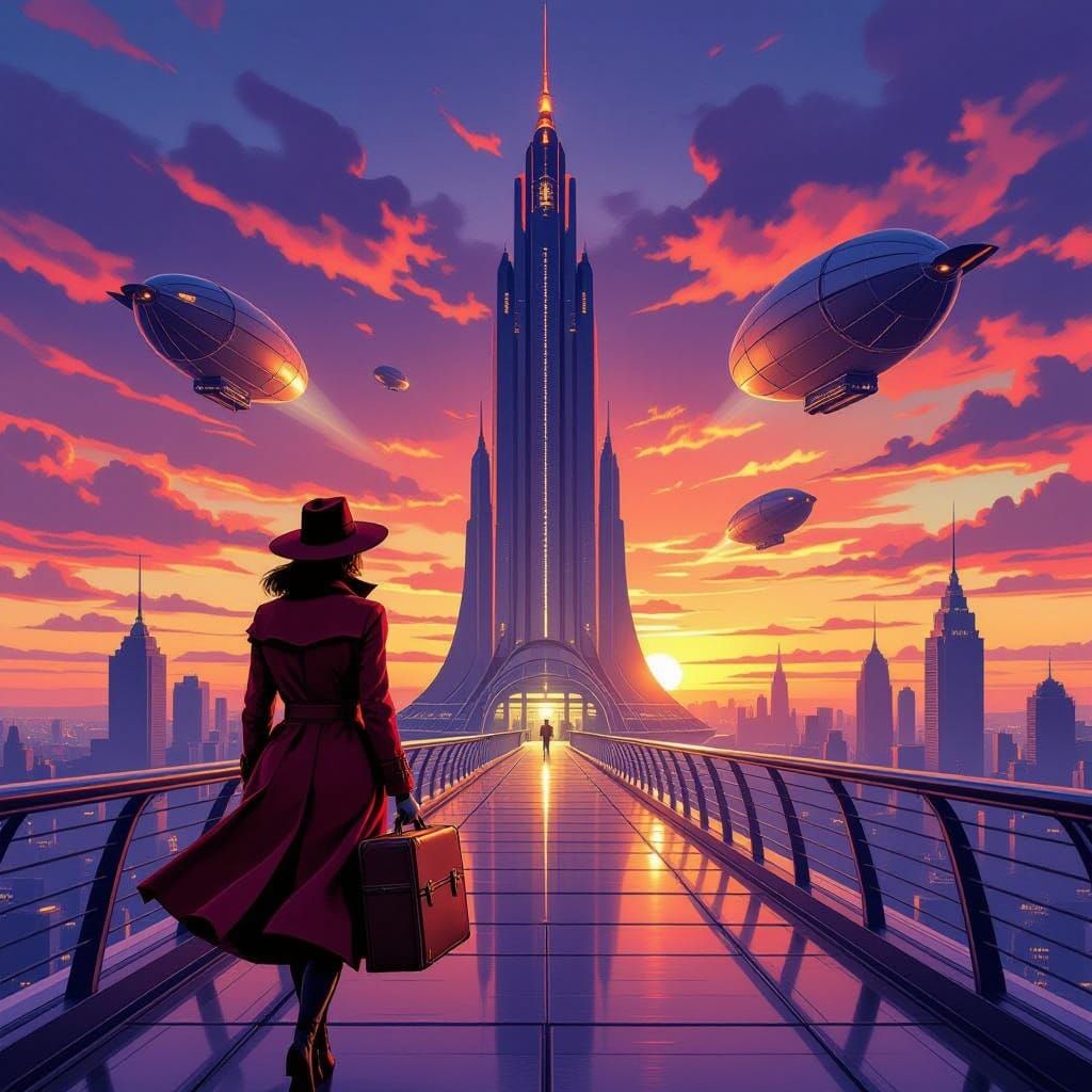 Retro Sci-Fi Woman Boards Blimp in Art Deco City