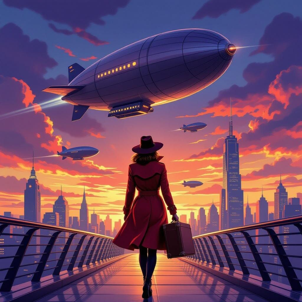 Retro Sci-Fi Woman Enters Flying Blimp at Sunset