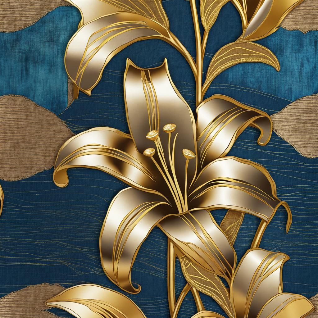 Shimmering Lily with Gold Accents and Fabric Textures