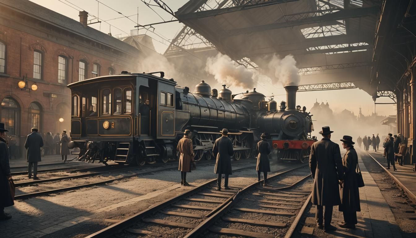 Crear una imagen de una estación de tren antigua, con personas esperando al tren. 8K 3D 8k resolution Unity 3D filmic ph...