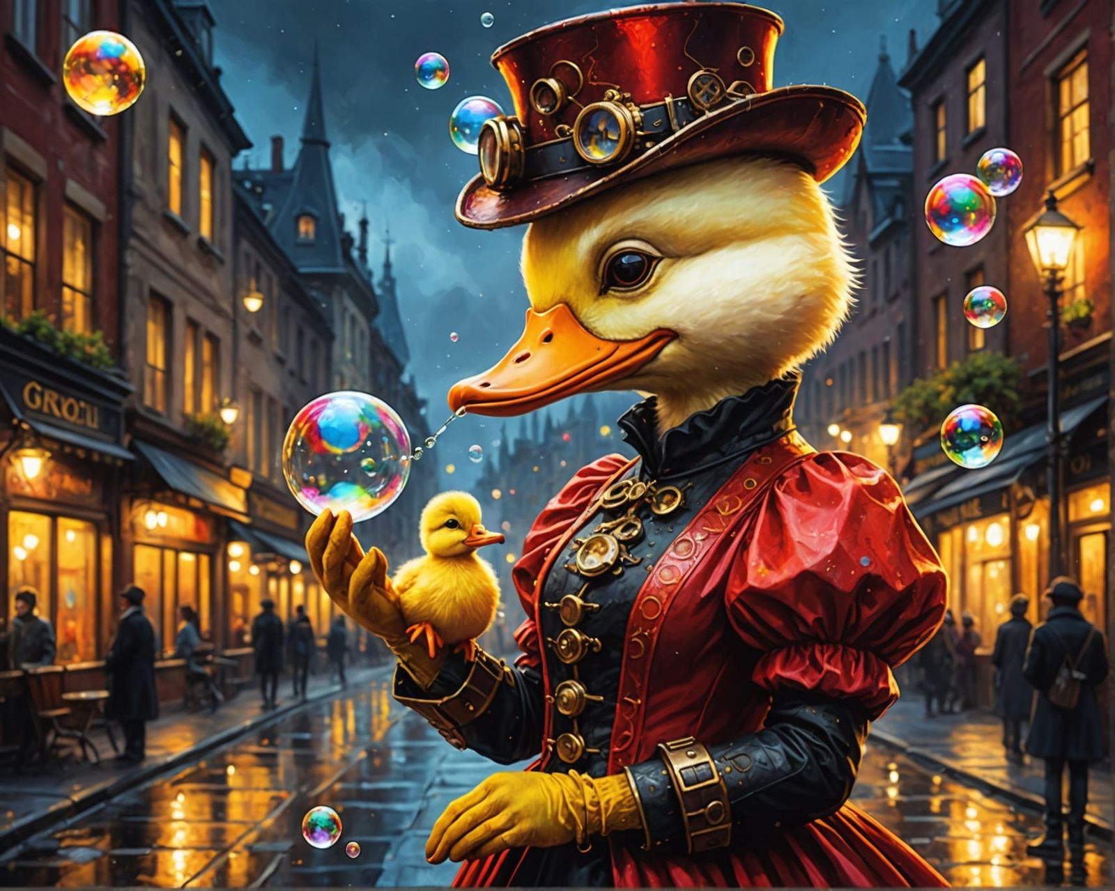 Steampunk Duckling Bubbles in a Cityscape, Oil on Canvas