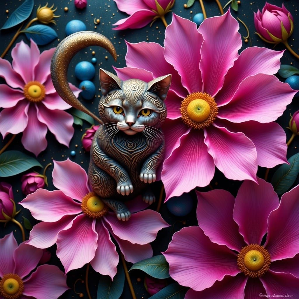 Metallic Cat in Cosmic Flower Garden