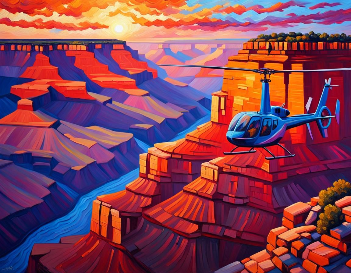 Grand Canyon Helicopter Sunset: Impasto Oil Painting