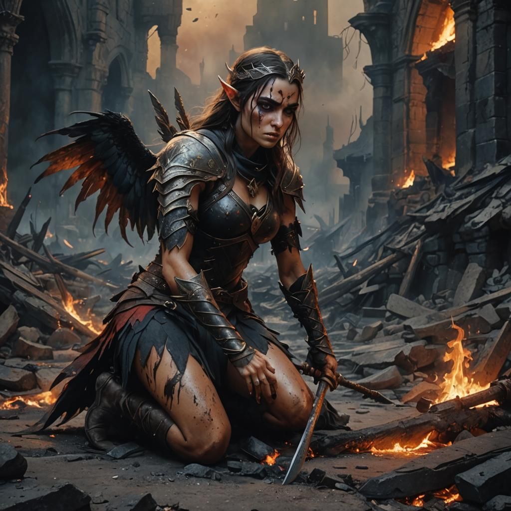 Winged Elf Warrior in Burning City