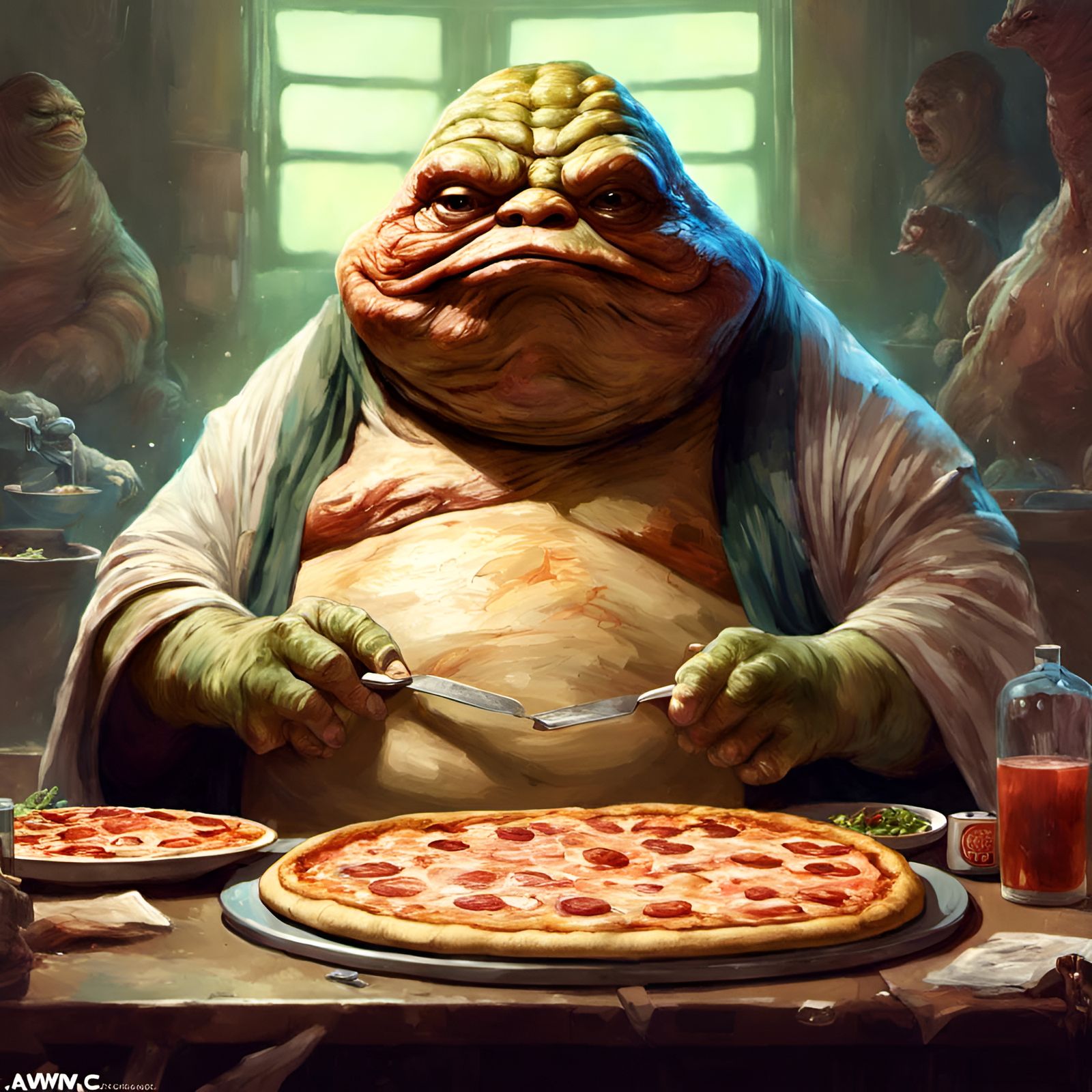 Jabba the Hutt Eating Pizza: Digital Illustration
