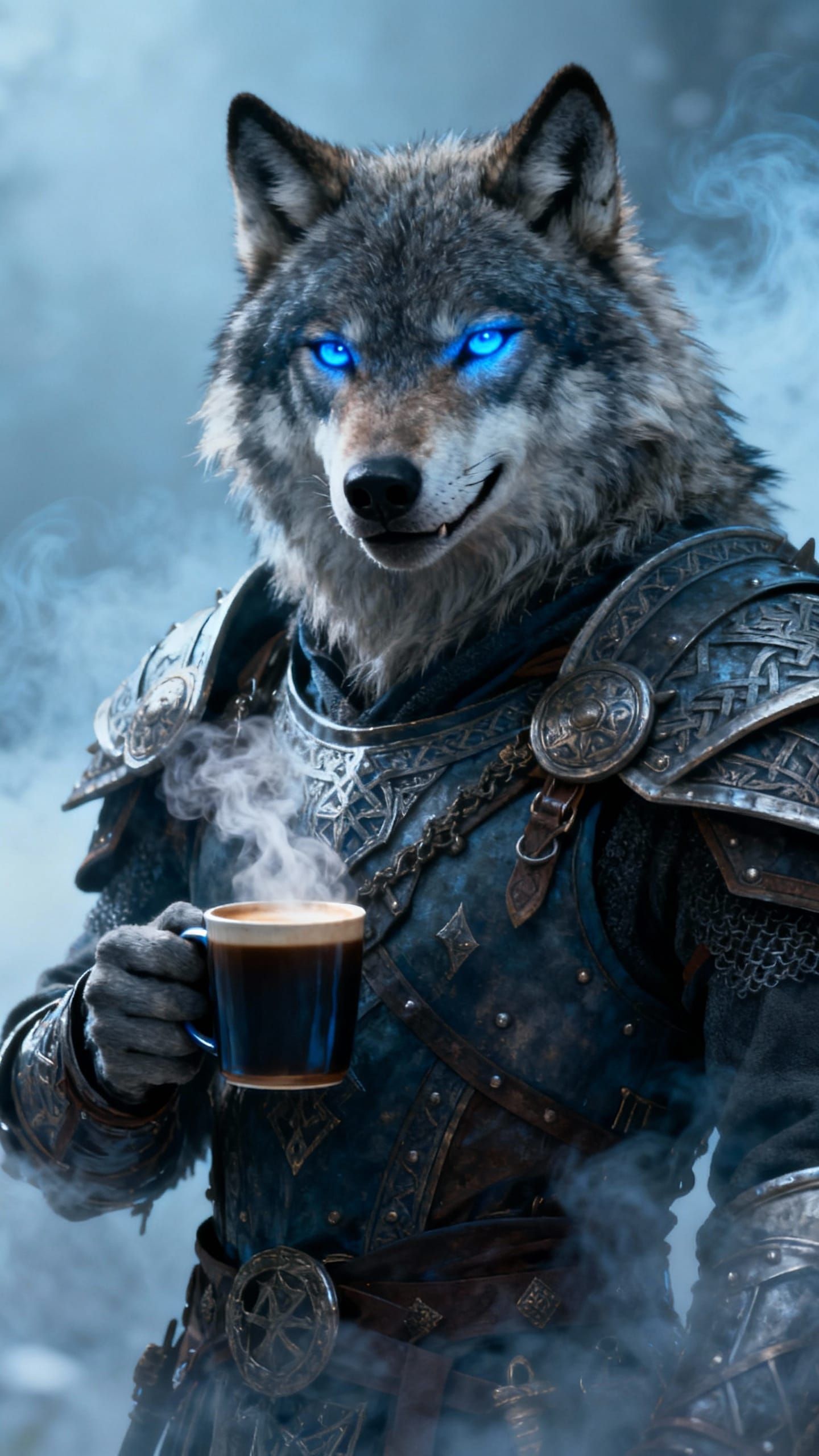 Wolf Warrior With Coffee In Ethereal Mist