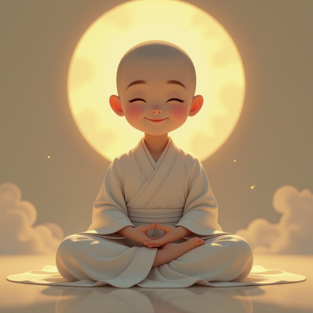 Cute Smiling Monk Meditating in Ethereal Light Digital Paint...