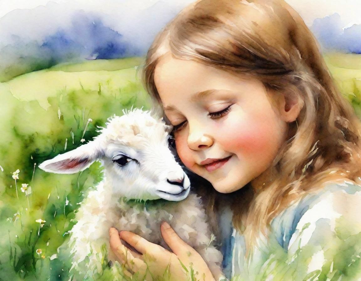 Little Girl and Lamb in Morning Light, Watercolor Style