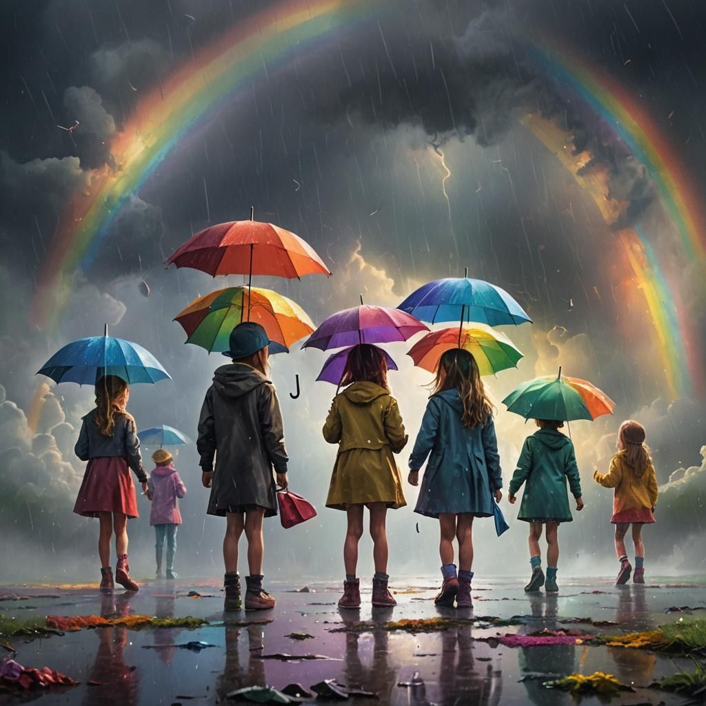 Children Under Rainbow: Vibrant Fantasy Impasto Painting