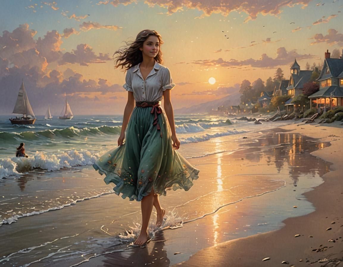 Teenage Girl on Beach at Sunset: Hyperdetailed Fantasy