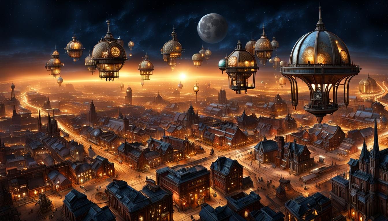 Steampunk Iron City from Space at Dusk