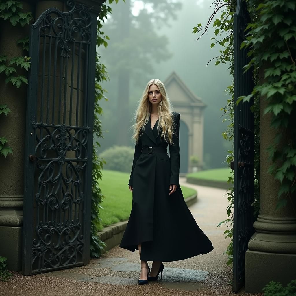 Elegant Woman at Manor Gates: Mystical Realism