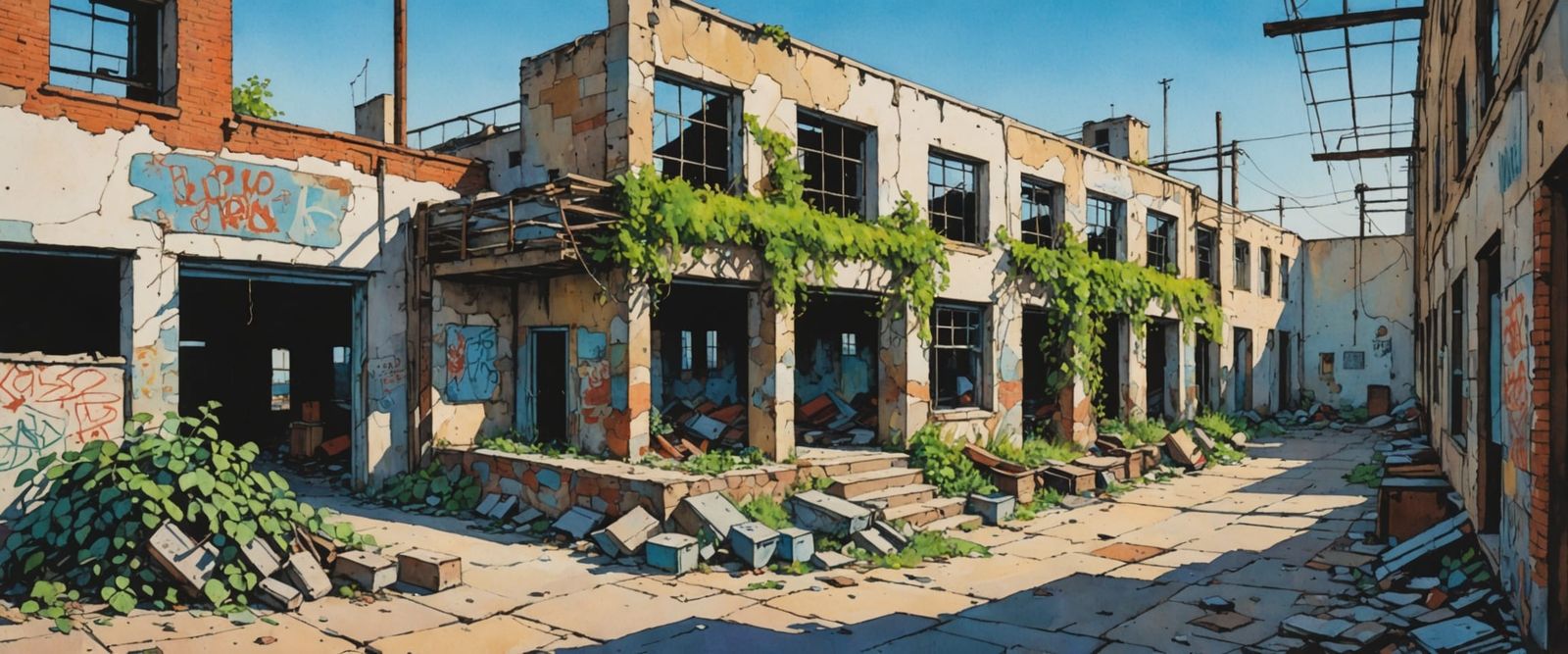 Abandoned Factory in Comic Book Watercolor Style