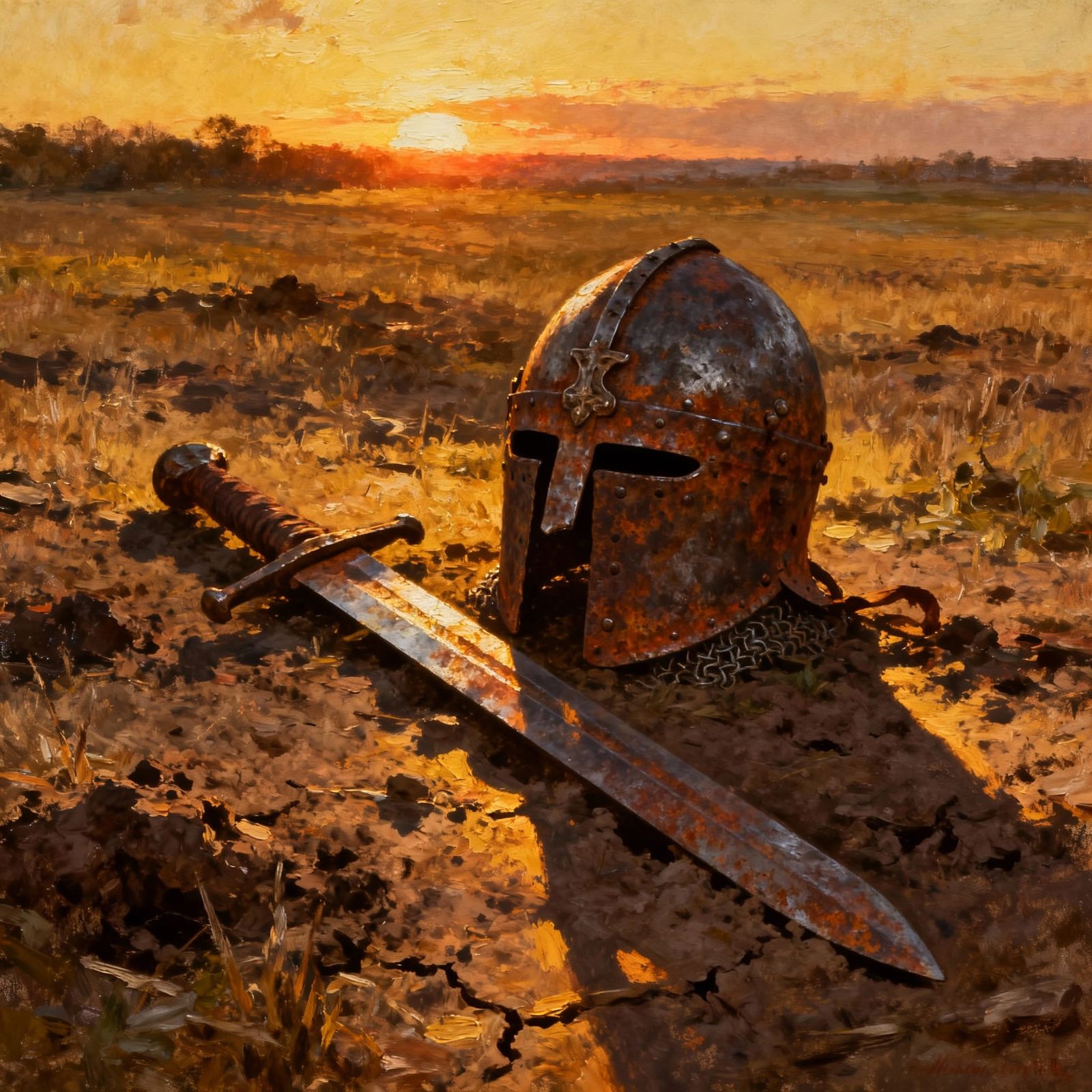 Rusted Anglo-Saxon Armor in Dramatic Sunset Light
