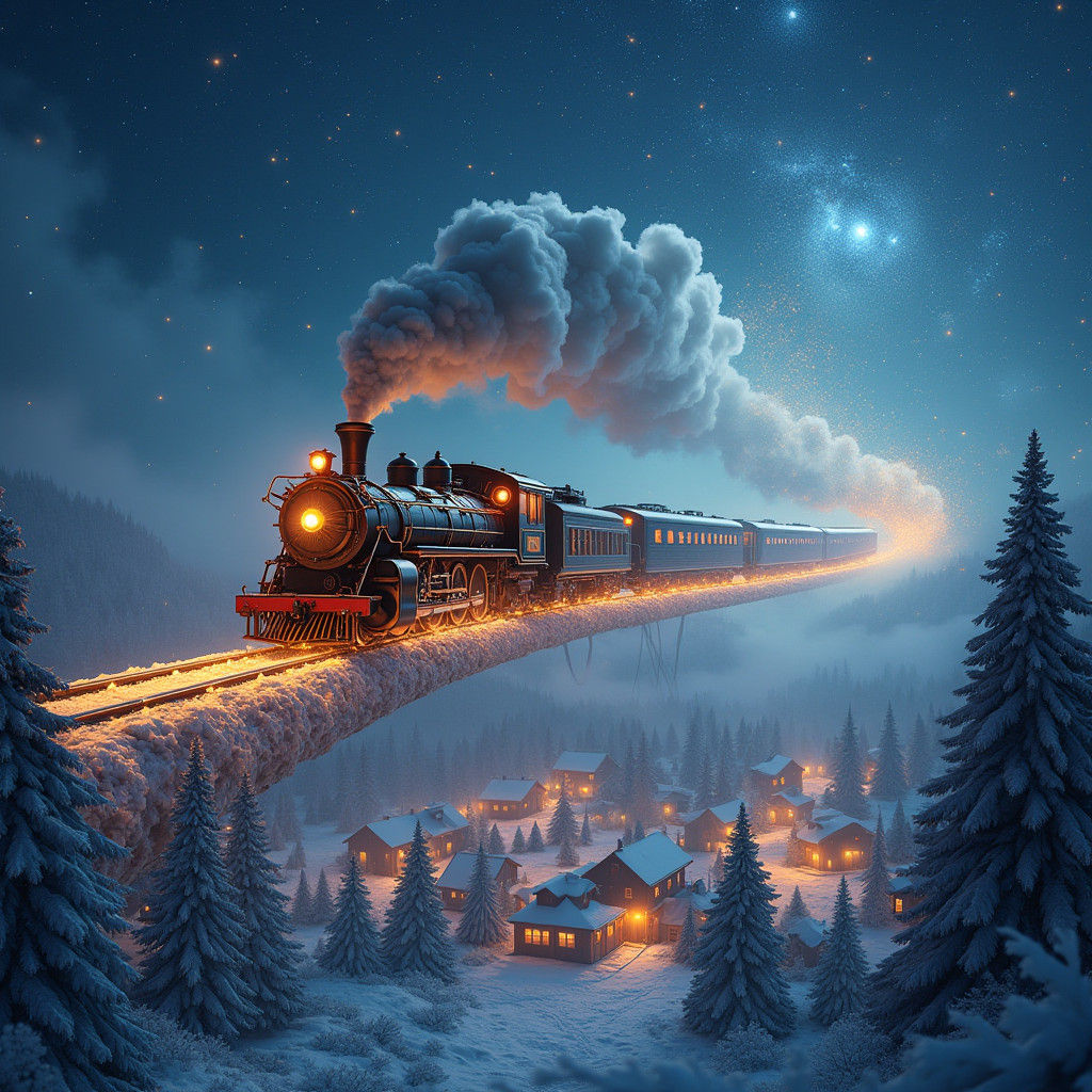 Flying Steam Train Amidst Swirling Seasons