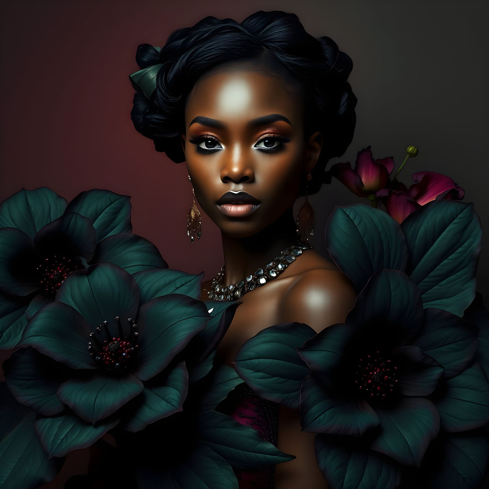 Gorgeous Black Woman Amidst Dark Blooms in Vintage-Inspired ...