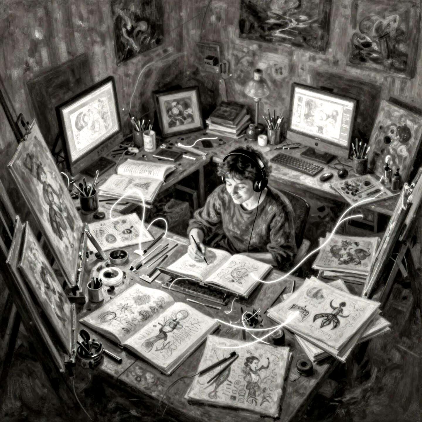 Monet-Inspired Artist Studio Chaos in Black and White