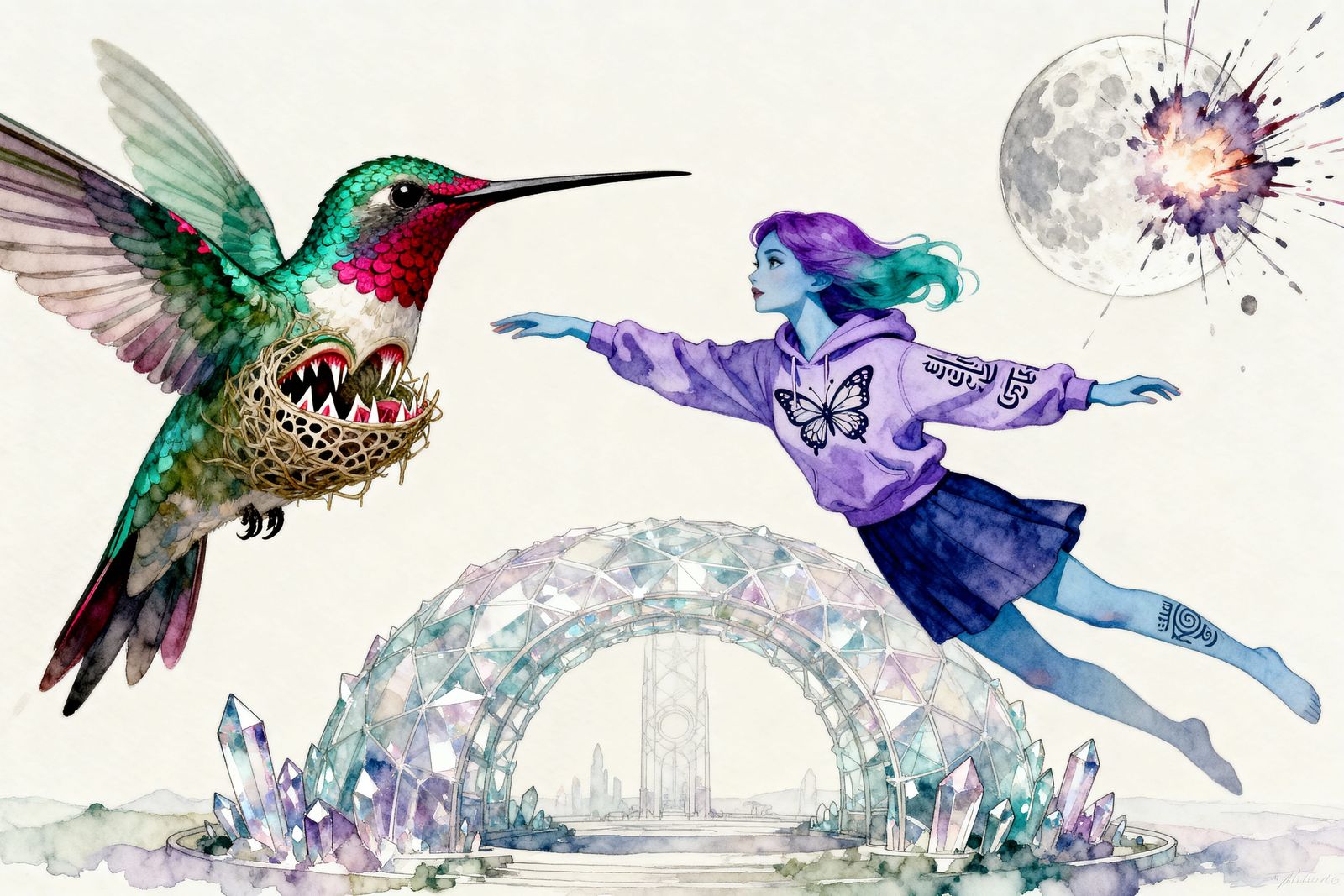 Kaiju Hummingbird and Woman Hovering Over Arcology
