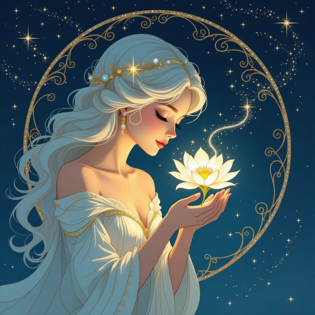 Celestial Being Holds Luminous Flower in Galaxy Art Nouveau ...