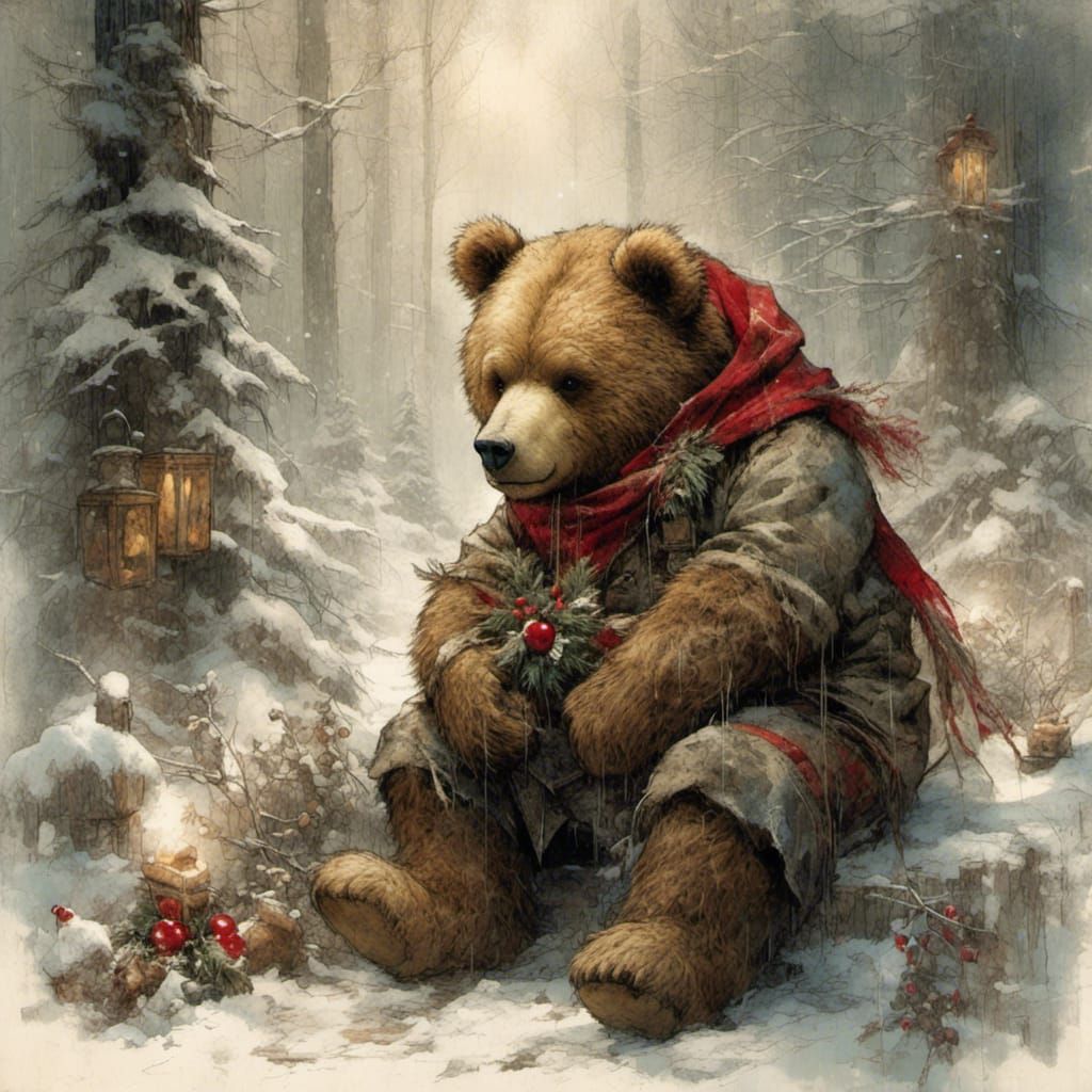 Teddy Bear's Christmas Adventure in Grunge Poster Style