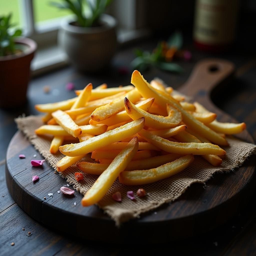 Crispy Fries on Wooden Board, Food Photography