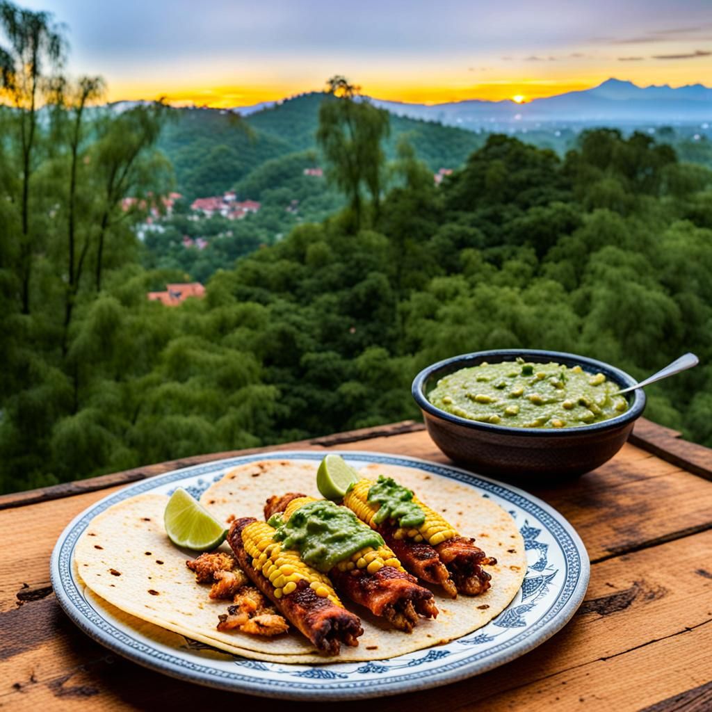 Authentic Al Pastor Tacos with Green Salsa at Sunset