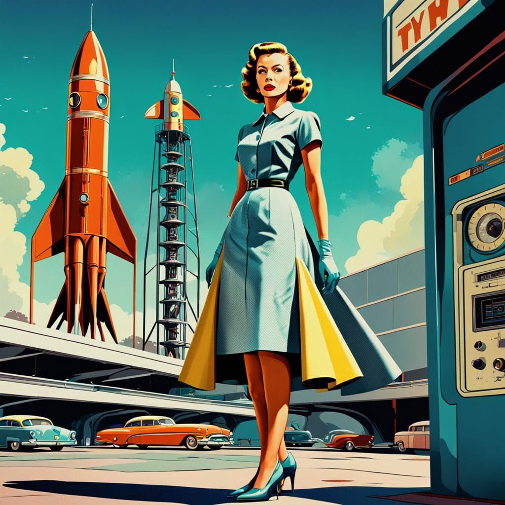 1950s Woman and Rocket in Vintage Sci-Fi Pop Art